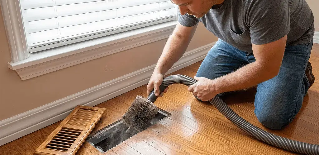 Air duct cleaning technician vacuuming a floor vent and duct opening in Fort Collins, CO