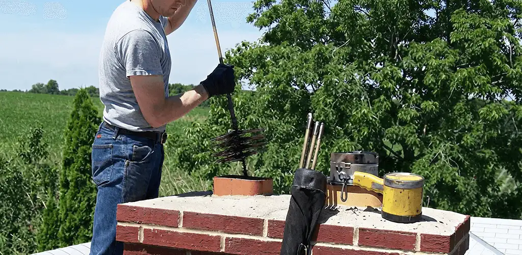 Chimney cleaning technician working on a rooftop chimney with professional tools in Fort Collins, CO