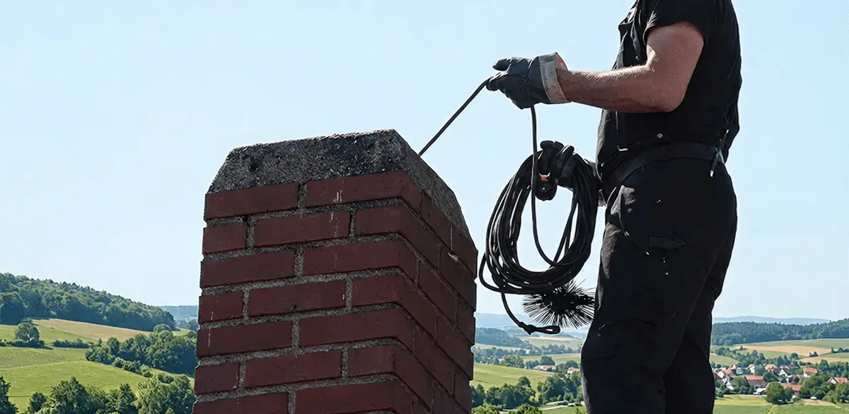 Chimney sweep inspecting and cleaning a rooftop chimney in Fort Collins, CO