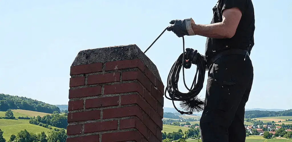 Chimney sweep inspecting and cleaning a rooftop chimney in Fort Collins, CO