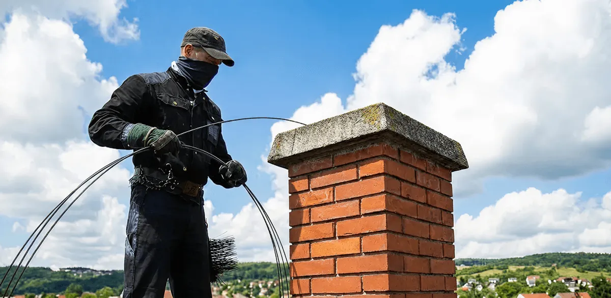 Chimney sweep cleaning a brick chimney with professional tools in Fort Collins, CO