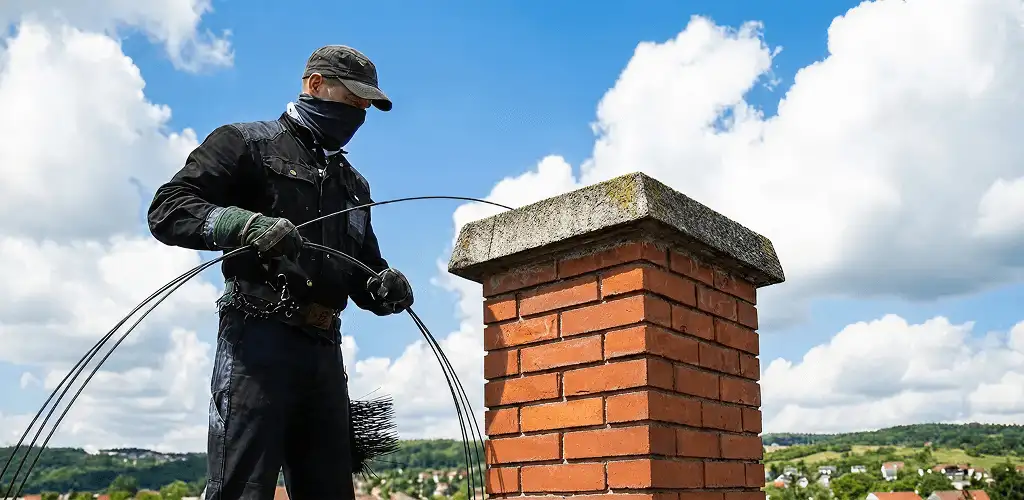Chimney sweep cleaning a brick chimney with professional tools in Fort Collins, CO