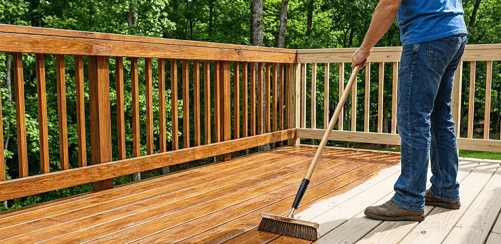 Deck staining and sealing application on a wood deck in Fort Collins, CO