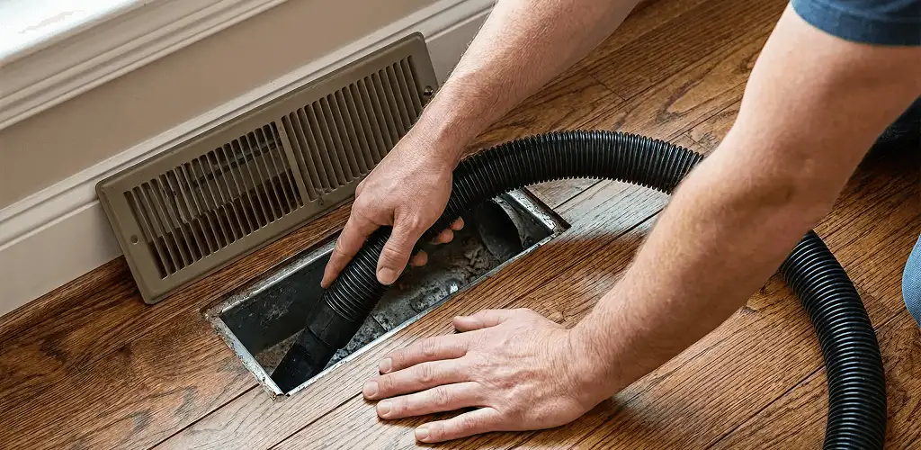 Air duct cleaning technician vacuuming a floor register and duct opening in Fort Collins, CO