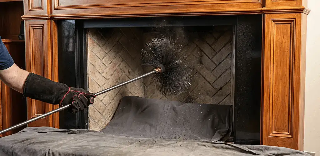 Chimney cleaning service brushing soot from a fireplace and flue in Fort Collins, CO