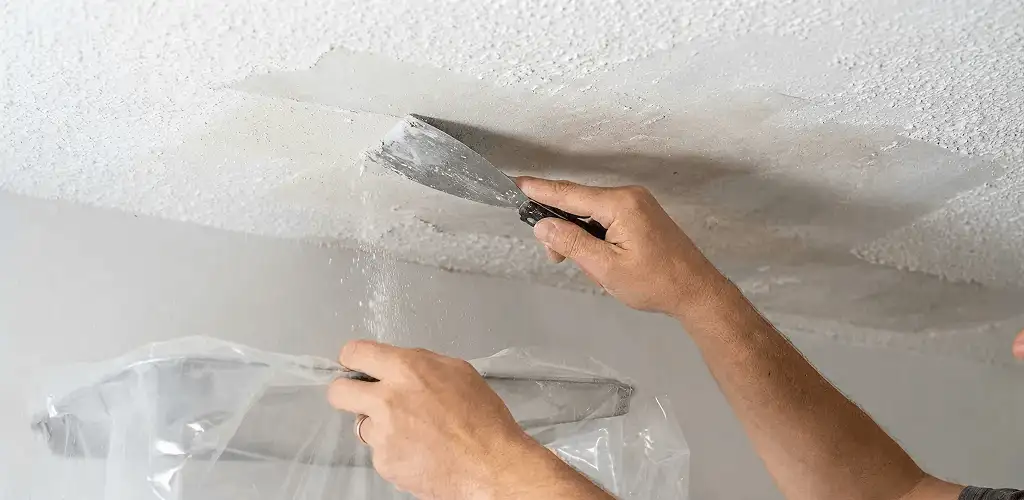 Popcorn ceiling removal technician scraping texture from a ceiling in Fort Collins, CO
