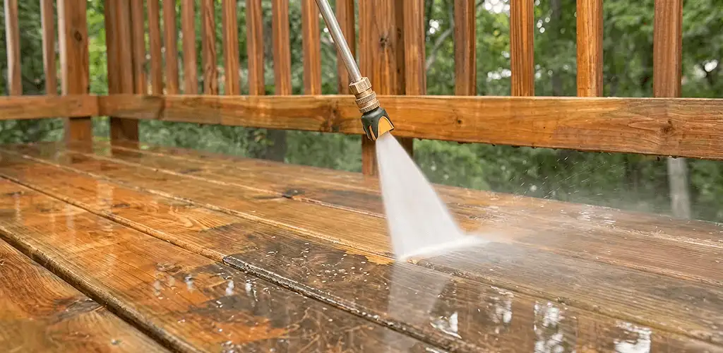 Pressure washing a wood deck to remove dirt and buildup in Fort Collins, CO