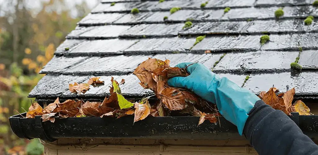 Gutter cleaning technician clearing wet leaves from roof gutters in Fort Collins, CO
