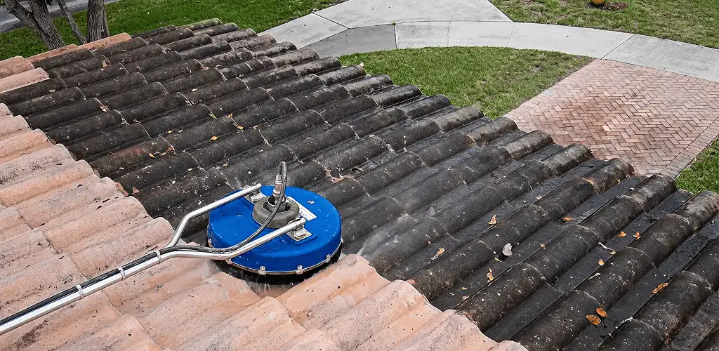 Roof pressure cleaning removing debris and buildup from roof tiles in Fort Collins, CO