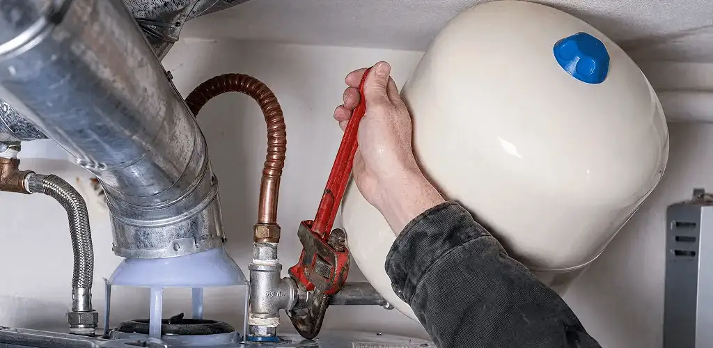Water heater repair technician tightening plumbing connections near a tank unit in Fort Collins, CO